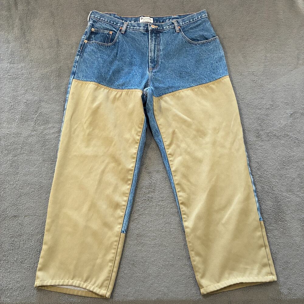 Vintage Columbia Tough Mother Blue Denim Brush Guard Hunting Jeans Mens Sz 38x32